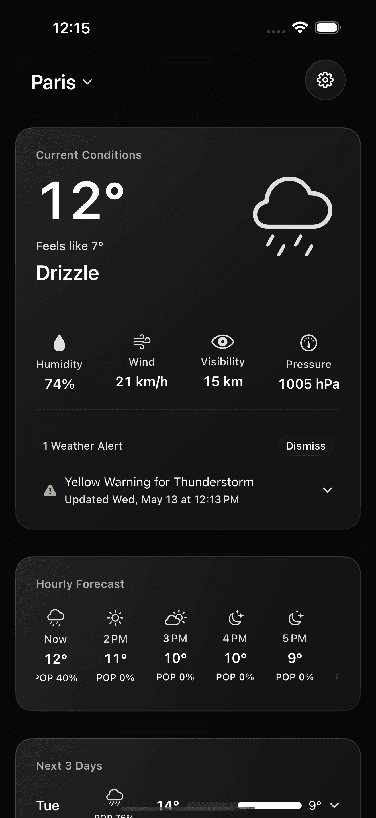 Current conditions card with attached alert banner for Lisbon