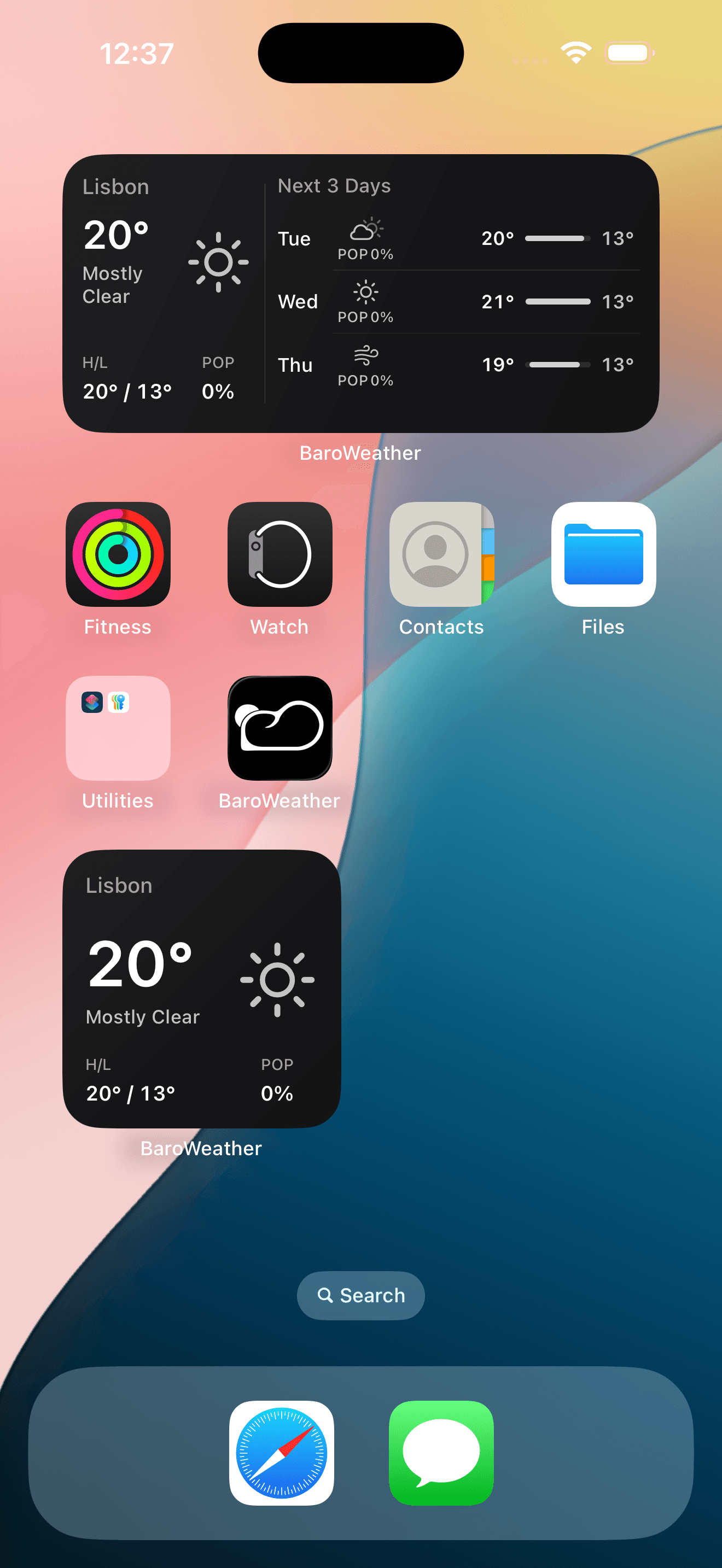 Medium BaroWeather widget showing the next three days on an iOS home screen